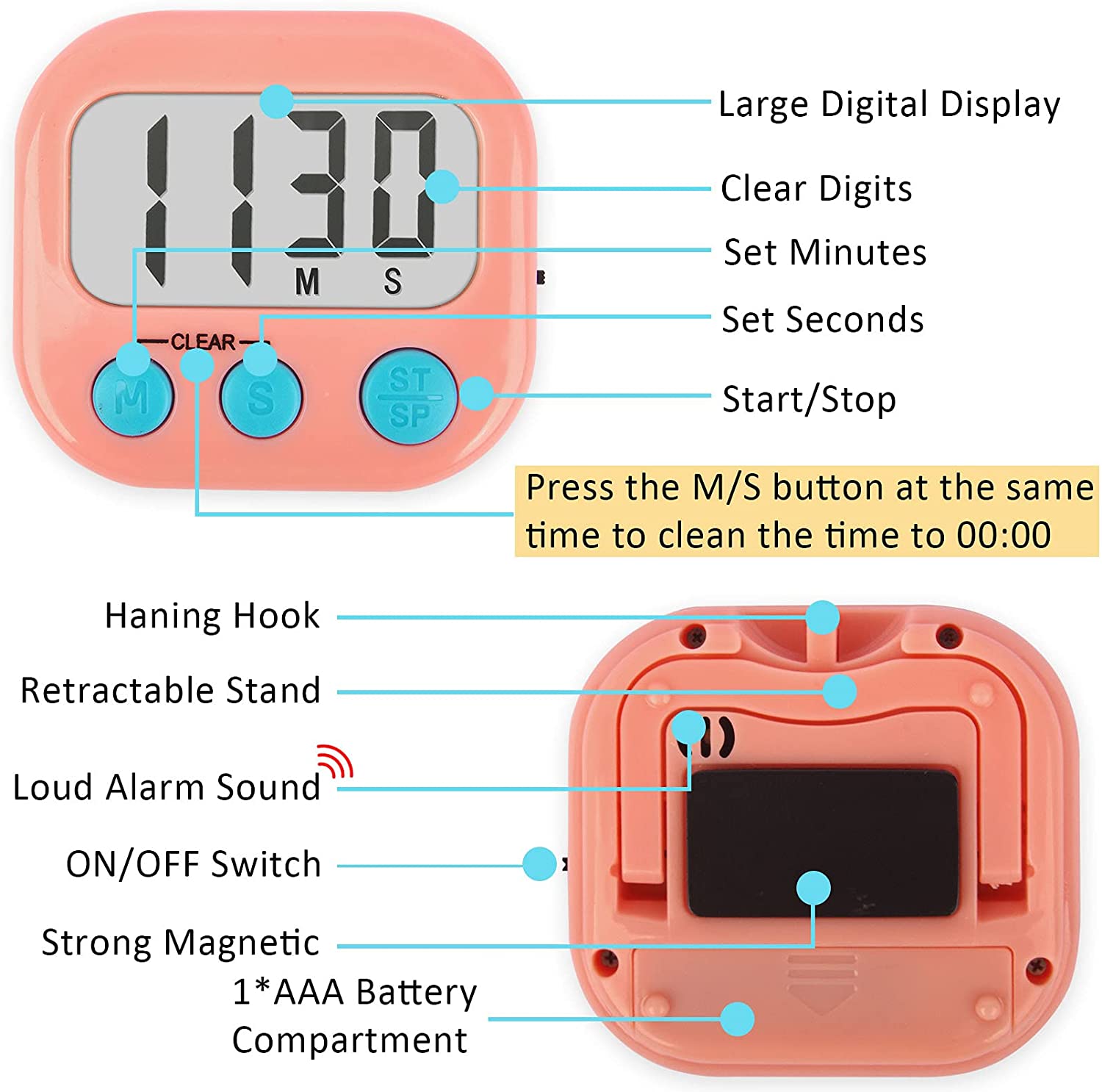 Kitchen Timer, I Digital Kitchen Timer Magnetic Countdown Stopwatch Timer  With Loud Alarm, Big Digit, Back Stand